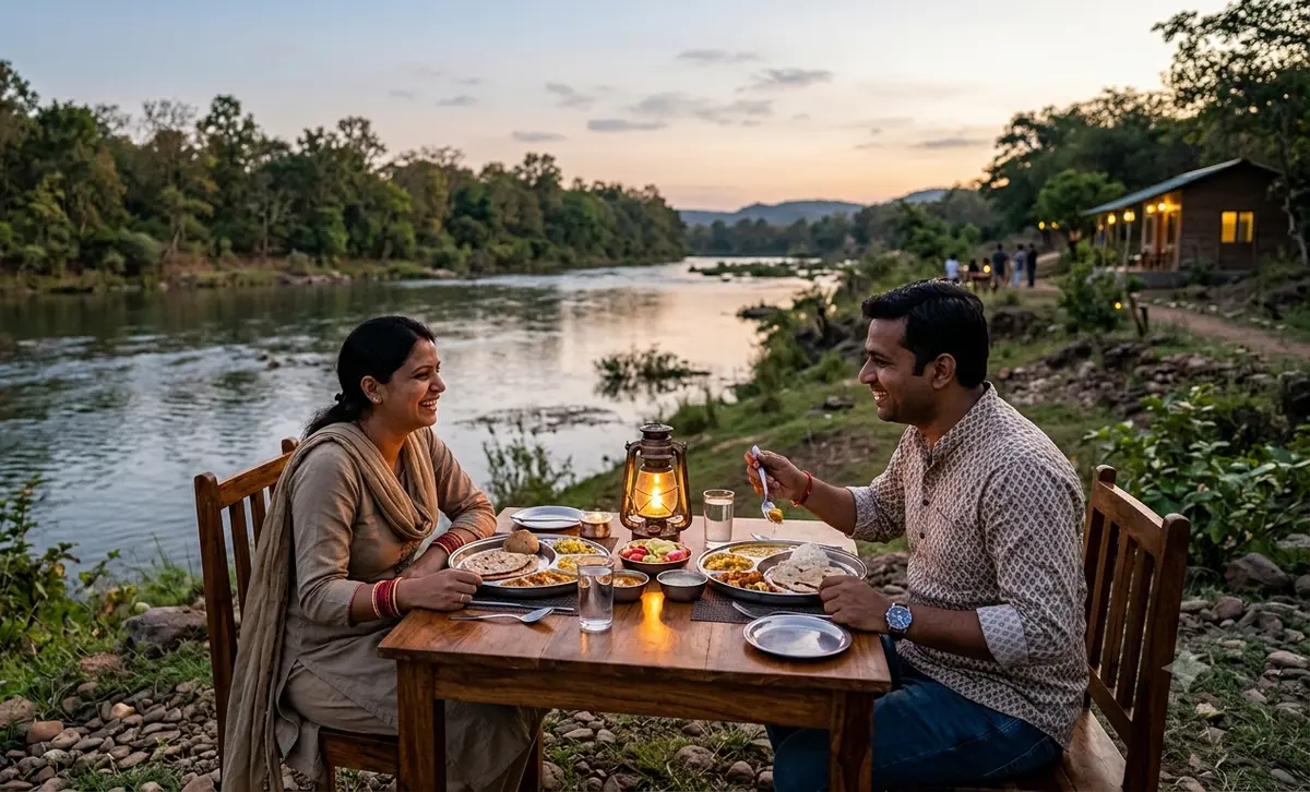 Dinner set up beside the river near Kuno National Park