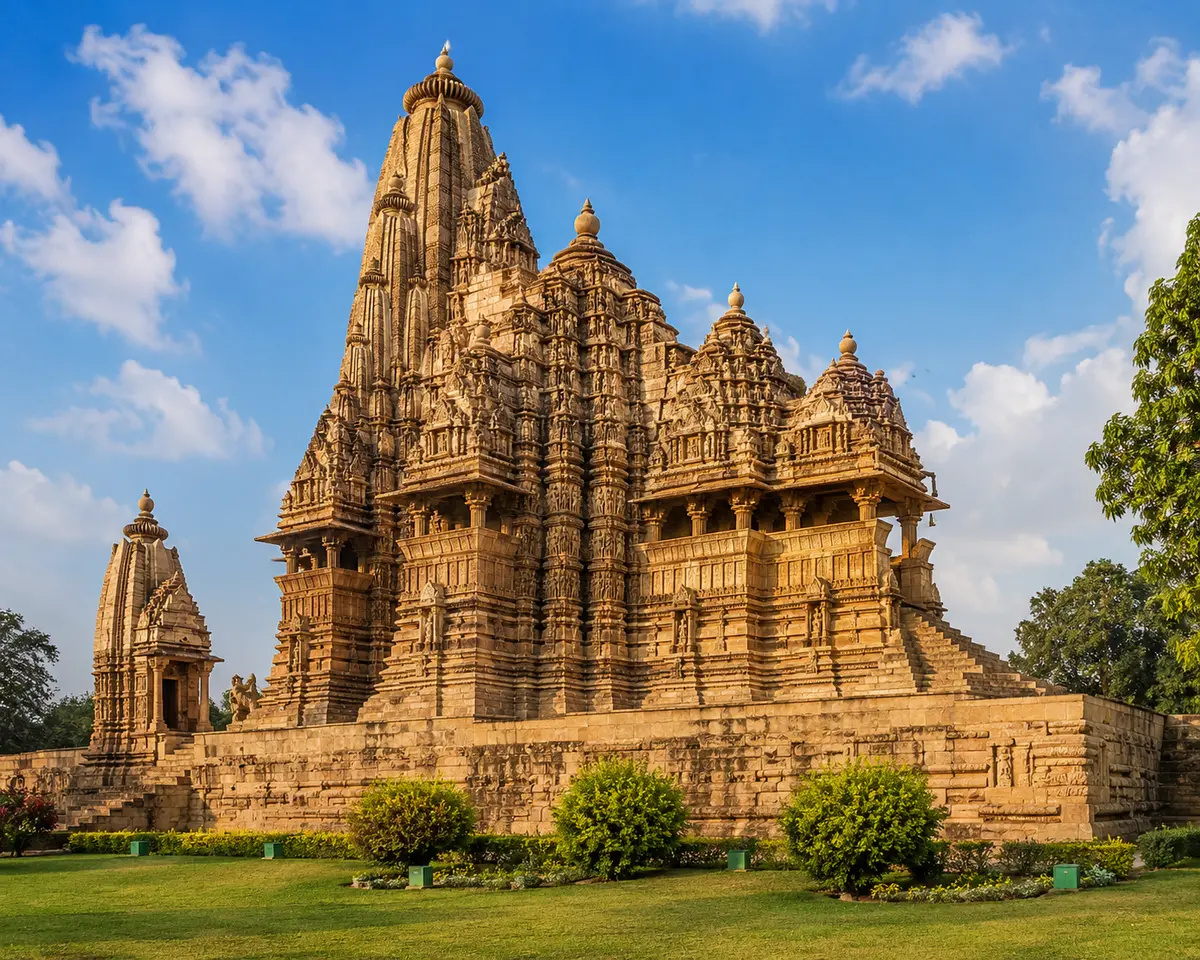 Temple carvings at Khajuraho, a heritage site reachable from Kuno