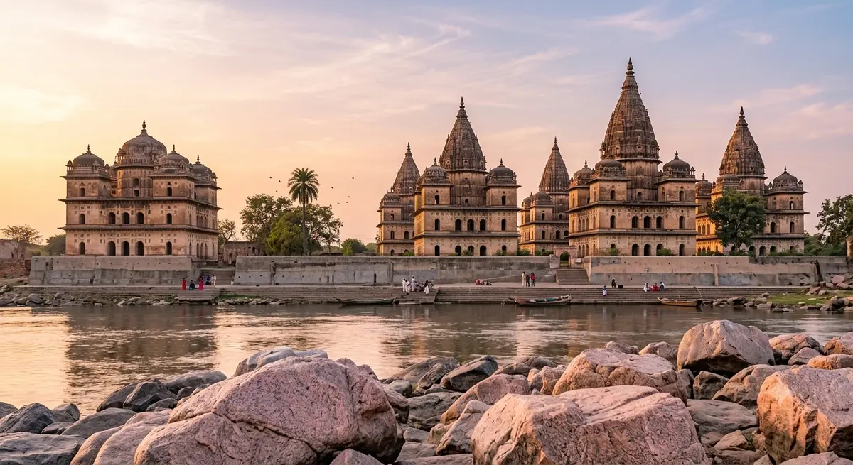 Bundela cenotaphs on the Betwa river at Orchha, near Kuno